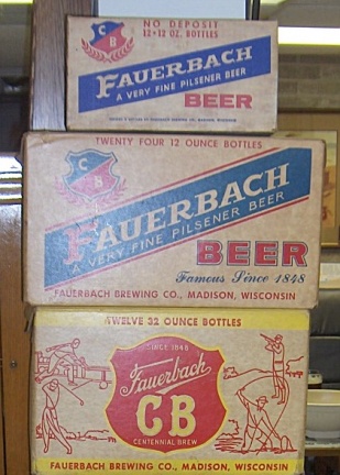 Three Fauerbach returnable beer bottle boxes.